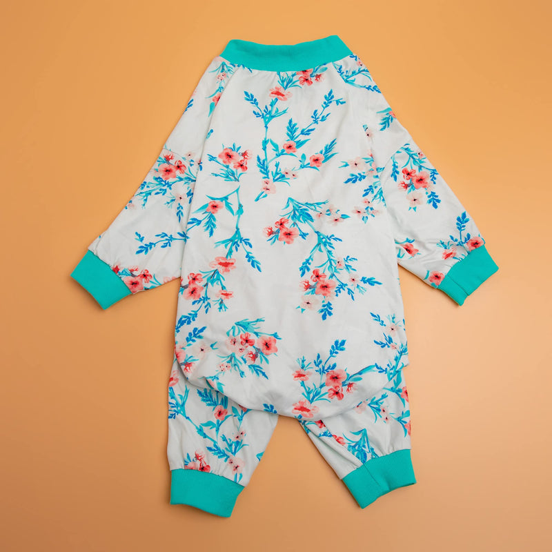 LovinPet Large Big Bodysuit for Dogs - Post Surgery Protection Dog Pjs,4 Legged Coverage Dog Onesie,Stretchable Lightweight, Bubbles and Floral White&Teal Print,Undershirt for Dog Sweaters,Blue Large White/Blue collar
