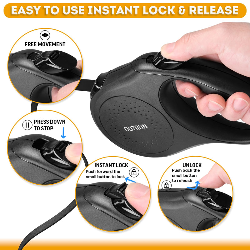 OUTRUN Retractable Dog Leash 16.5 FT Walking Leash up to 55 Lbs, Strong Nylon Tape No Tangle, Heavy Duty One-Handed Brake Lock Perfect for Small & Medium Sized Dogs and Pets Black - PawsPlanet Australia