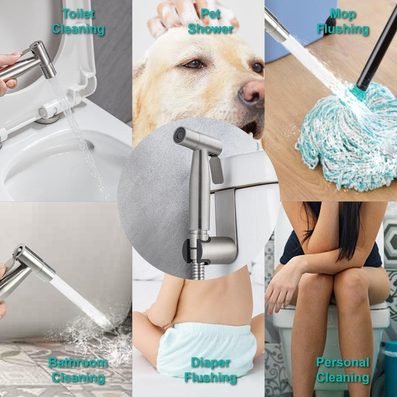 BARROCK Handheld Bidet Sprayer for Toilet, Stainless Steel Metal Made Baby Cloth Diaper Spraying Kit, Bathroom Toilet Bidet Attachment Set for Bathing Pets and Feminine Hygiene, Brushed Nickel 1