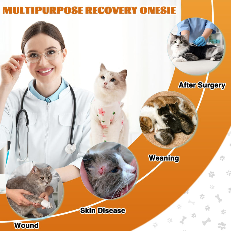 Cat Surgery Recovery Suit, Anti Licking Postoperative Onesie with Roll-Up Design, Soft Breathable Bodysuit Shirt for Female Spay Male Neuter Abdominal Wound Kitten E-Collar Cone Alternative Flower L