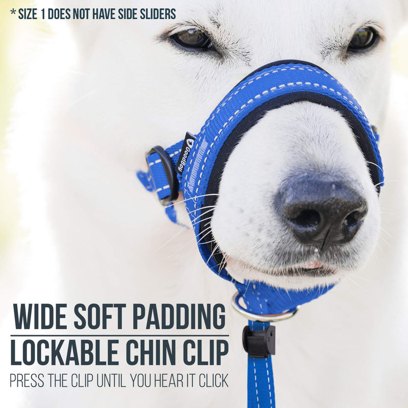 GoodBoy Dog Head Halter with Safety Strap - Stops Heavy Pulling On The Leash - Padded Headcollar for Small Medium and Large Dog Sizes - Head Collar Training Guide Included (Size 1, Blue Nylon) Size 1 (Pack of 1) Blue Nylon / Black Padding - PawsPlanet Australia