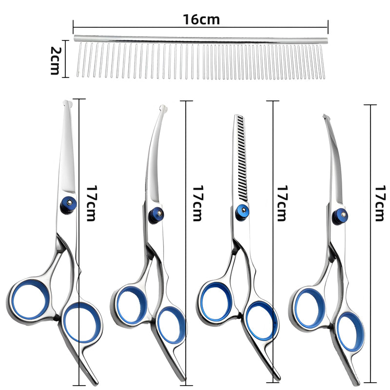 Pet Grooming Scissors, Upper Curved Pet Grooming Scissors Set with Safety Rounded Tips, 6.7-Inch, Stainless Steel, Pet Cat and Dog Hair Trimming, Professional Pet Hair Care Tool. 6 piece