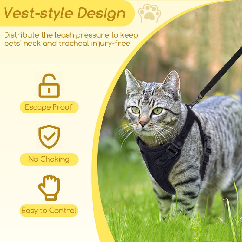 Cat Harness and Leash, Nobleza Reflective Adjustable Vest Harness with Soft Breathable Air Mesh, No Pull Walking Escape Proof Harness and Leash Set for Growing Kittens, Cats, Puppies Outdoor Usage Black S