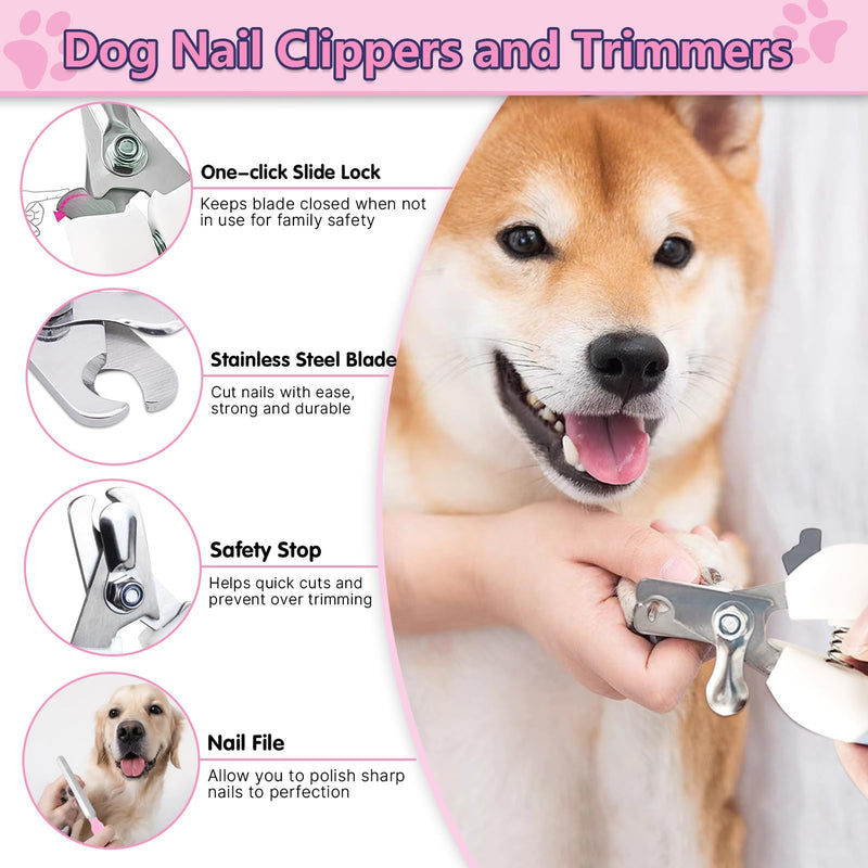Dog Brush Grooming Kit 6PCS Dog Brush for Shedding-Dogs Brushes for Grooming, Dematting Comb for Dogs, Nail Clipper with Nail File, Flea Comb, Cat Bath Brush-Pink Pink - PawsPlanet Australia