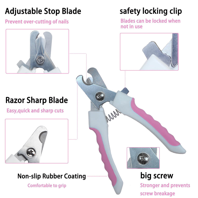 5Pcs Dogs and Cats Grooming Nail Clippers Kit Pet Claws Nail Clipper Trimmers, with Protective Guard Lock to Avoid Over Cutting, Professional Trimmers for Large and Small Cat and Dog Animal. (Pink) Pink - PawsPlanet Australia