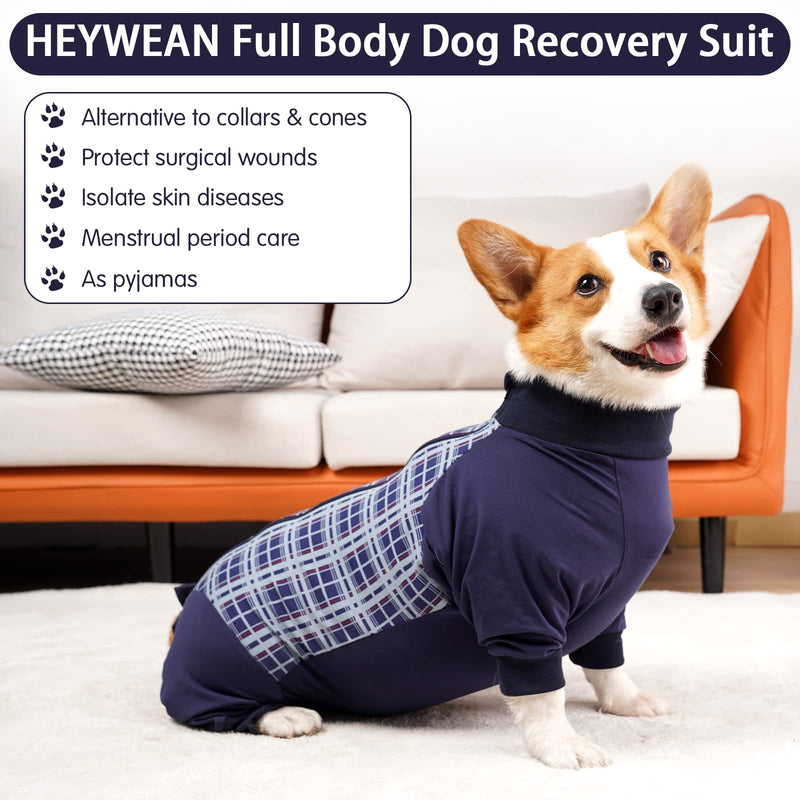 HEYWEAN Dog Recovery Suit - Long Sleeve Bodysuit for Post-Surgery Dogs - Zip Onesie, Wound Protector, Cone-E Collar Alternative Blue Plaid XXXL