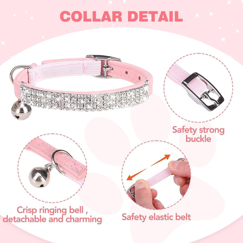 BINGPET Diamond Cat Collar,Adjustable Soft Velvet Leather Safe Kitten Collar with Shiny Rhinestones and Bells,Girl Boy Bling Stylish Cat Collars with Safety Elastic for Small Medium Cats,Pink Pink - PawsPlanet Australia
