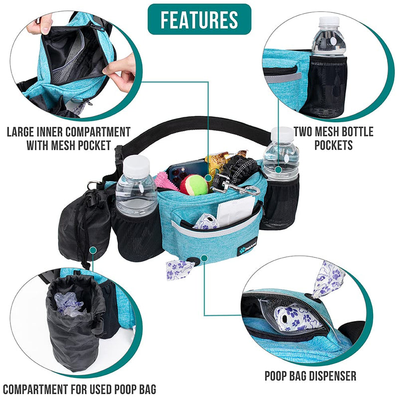 PetAmi Dog Fanny Pack, Treat Pouch for Dog Walking, Training, Built in Poop Bag Dispenser, Water Bottle Holder, Collapsible Bowl, Pet Treat Waist Belt for Hiking, Running, Kibbles (Turquoise) Sea Blue - PawsPlanet Australia