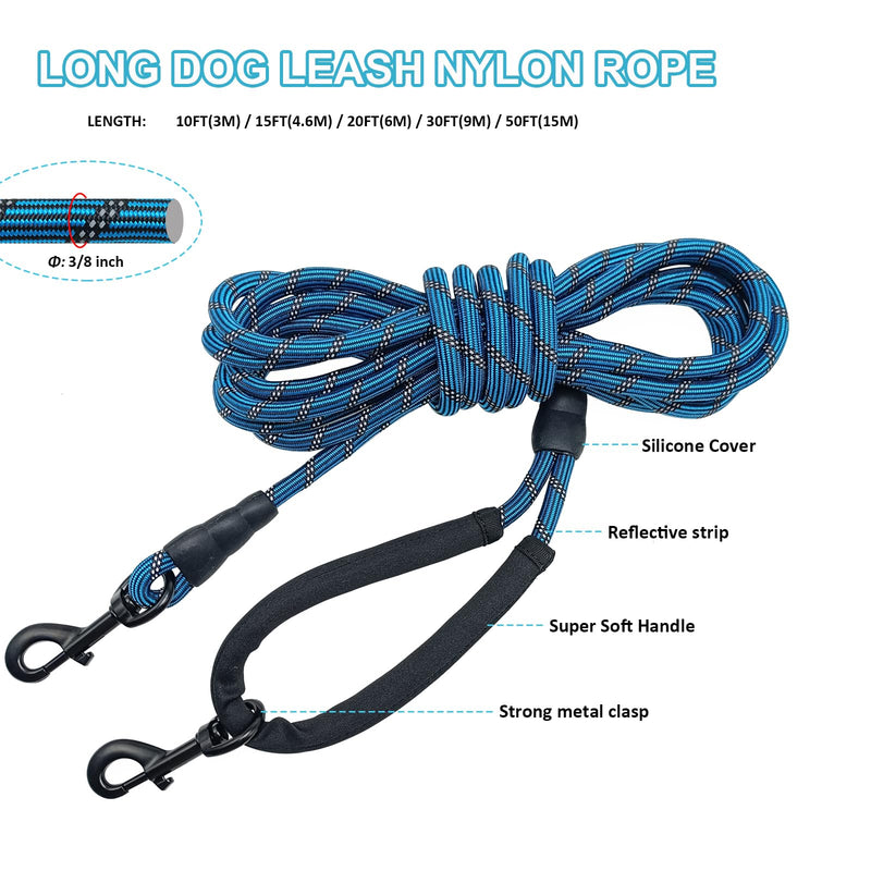 BTINESFUL Long Dog Leash, 10/15/20/30/50FT Dog Training Leash with Soft Handle, Reflective Heavy Duty Rope Dog Lead for Medium Large Dogs Outside Play, Camping (3/8" x 20ft, Blue) 20ft x 3/8inch - PawsPlanet Australia