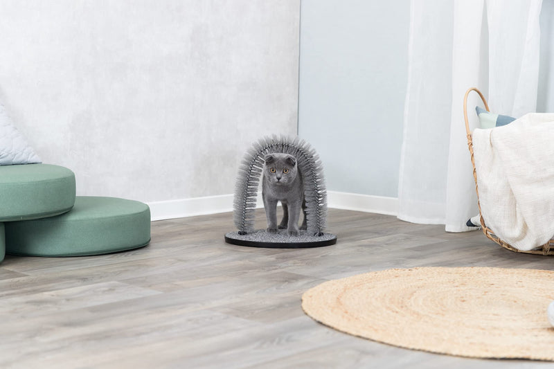 TRIXIE Cat Massager and Self Grooming Arch, Bristle Ring Brush, Carpet Base Scratcher, Cat Self Groomer, Gray, Small - PawsPlanet Australia
