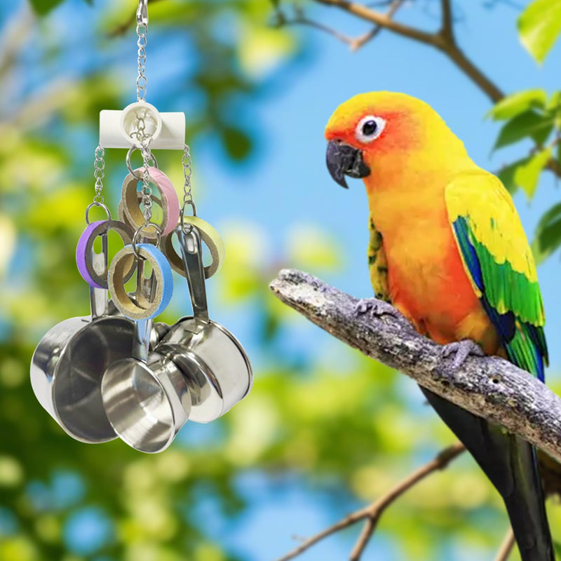 LWINGFLYER Stainless Steel Parrot Toys, Pullable Stainless Steel Cup and Cardboard Ring Toys Hanging Chew Bird Toys for Large Parrots，African Grey, Amazon Parrots - PawsPlanet Australia