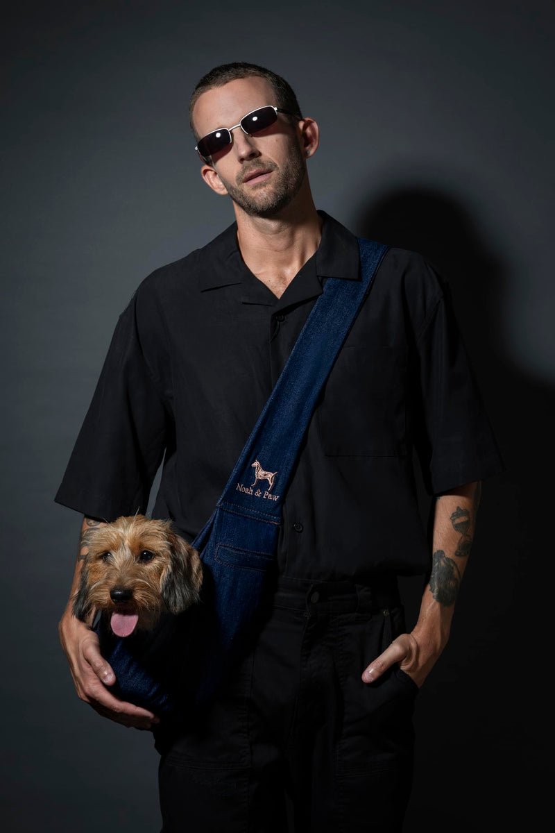 Noah & Paw Dog Sling Carrier for Small Dogs 5-18lb, Dog Sling for Small Dogs and Cats, Dog Carrier with Adjustable Padded Strap, Premium Denim, Lined with Fur, Double Safety Feature, Machine Washable Dark Blue 18.0"L x 10.0"W x 6.5"H - PawsPlanet Australia