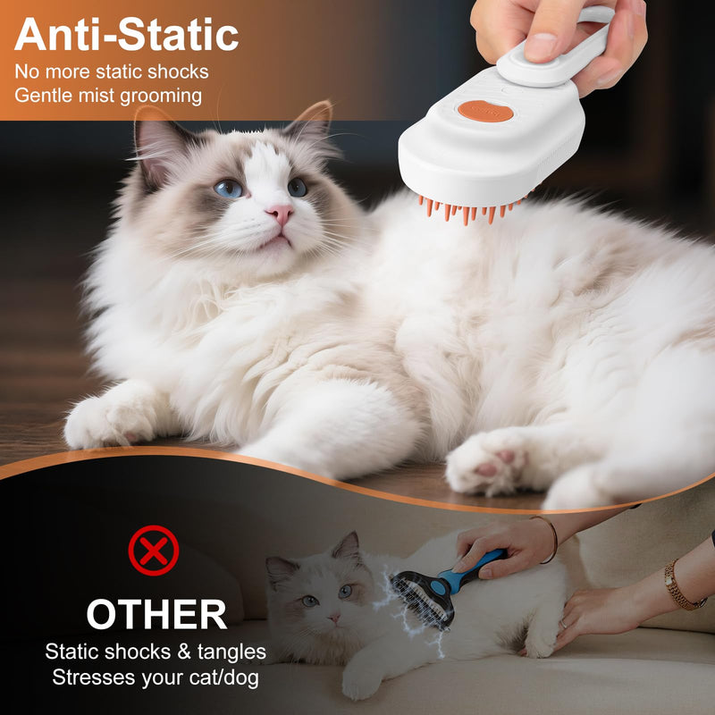 Steam Brush for Cat & Dog – 3-in-1 Spritz Pet Spray Hair Removal Comb for Grooming & Shedding Steam – Water Brush for Long & Short Haired Pets– Includes Two Bottles Waterless 2*Shampoo 7.8″-90ML white
