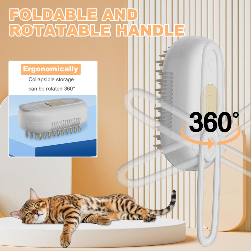 4 in 1 Cat Steam Brush for Shedding，Rechargeable Steam Pet Brush With Rotating Handle for Massaging, Self-Cleaning, and Pet Hair Removal for Long and Short Hair of Cat and Dog （Beige） - PawsPlanet Australia