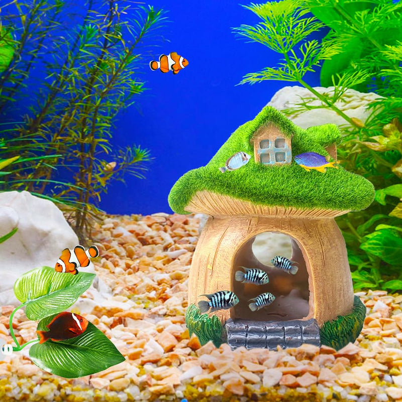 WINGOFFLY® Resin Fish Hideout House Mushroom with Artificial Leaves Betta Fish Shelter Fish Hide House Shrimp Hideout Cave Betta Fish Hide Cave for Aquarium Fish Tank Decor - PawsPlanet Australia