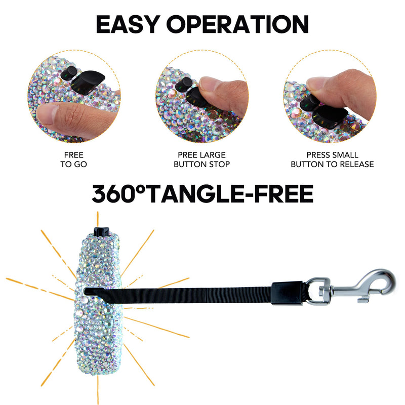 Sparkling Retractable Dog Leash,Rhinestone Pet Walking Leash for Small Medium Dog Cat,Bling Small Puppy leash,Durable 16 ft Strong Nylon Tape,360°Tangle-Free,One-Handed Brake, Pause, Lock - PawsPlanet Australia