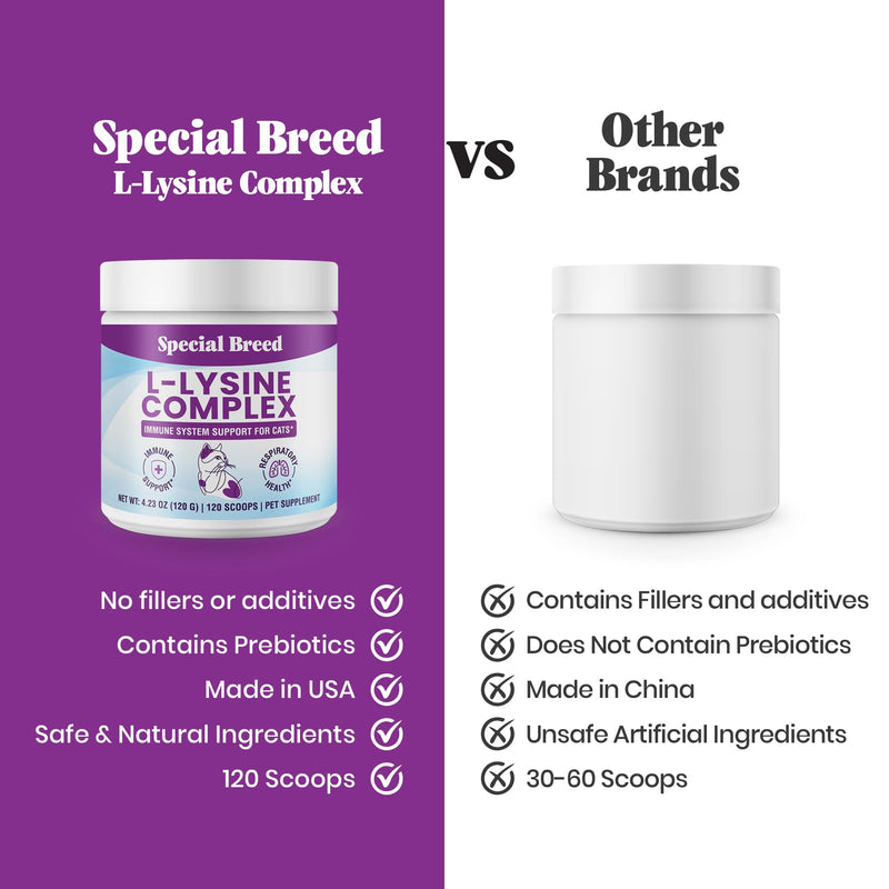 Special Breed L-Lysine for Cats and Kittens – Immune, Respiratory and Eye Support – Cat Sneezing and Runny Nose Relief – Lysine Powder with Prebiotics, Krill, Bone Broth and DMG – 120 Servings