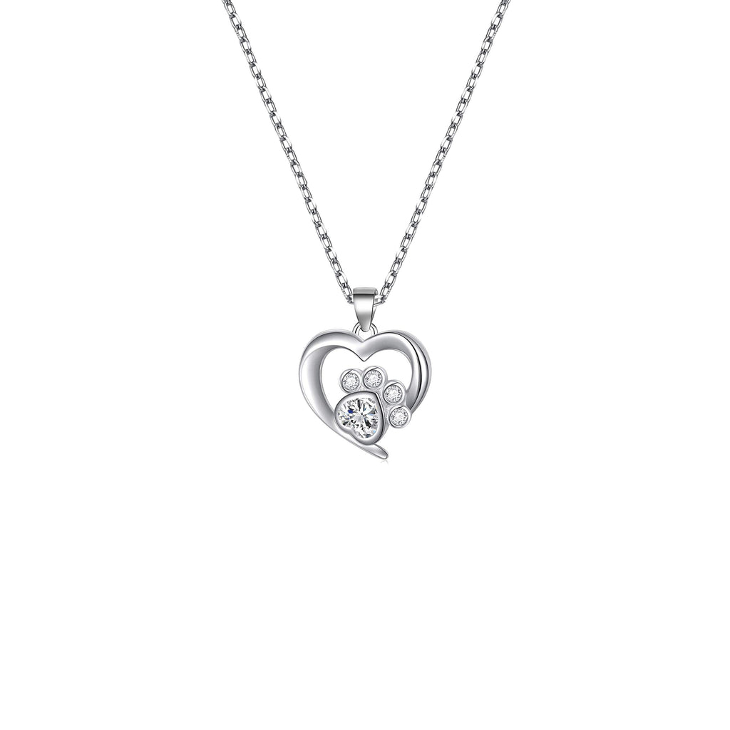 BEKECH Pet Lover Gifts Paw Print Necklace Cubic Zirconia Puppy Dog Cat Pet Paw Print Love Heart Pendant Necklace for Women silver