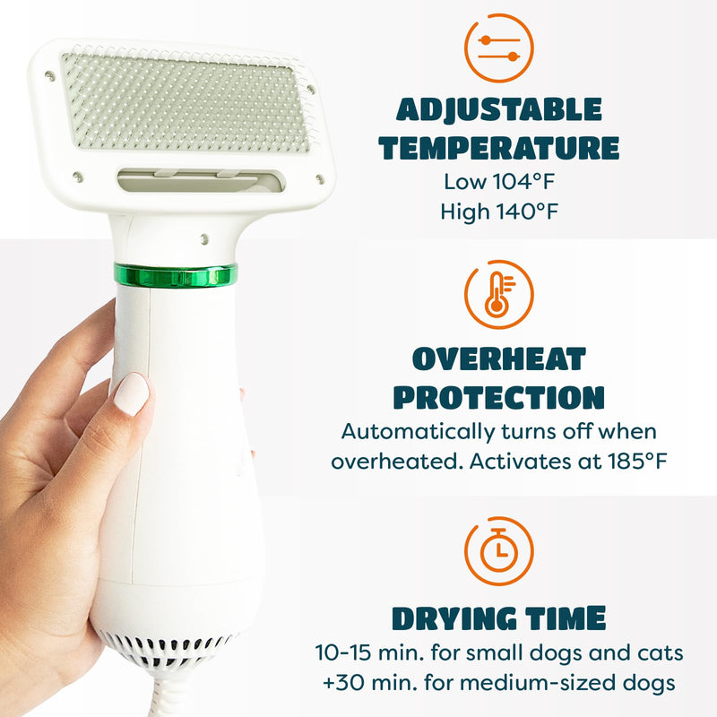 Dog Hair Dryer | 2 in 1 Pet Groomer with Slicker Brush | Adjustable Temperature, Portabale, Quiet | For Small & Medium Dogs & Cats