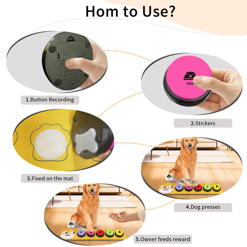 RIBOSY Dog Buttons for Communication, 5 Pcs Dog Speech Training Buzzers with Non-Slip Rubber Pad and 50 Stickers, 30 Seconds Voice Recording Button for Pet to Voice What They Want - PawsPlanet Australia