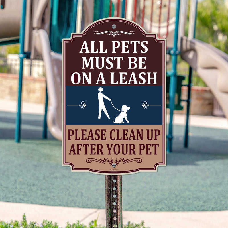 All Pets Must Be On A Leash Please Clean Up After Your Pet Signs No Dog Poop Pee 12" x 18" Metal Rust Aluminum Waterproof Easy Mounting Outdoor Use 2 Pack