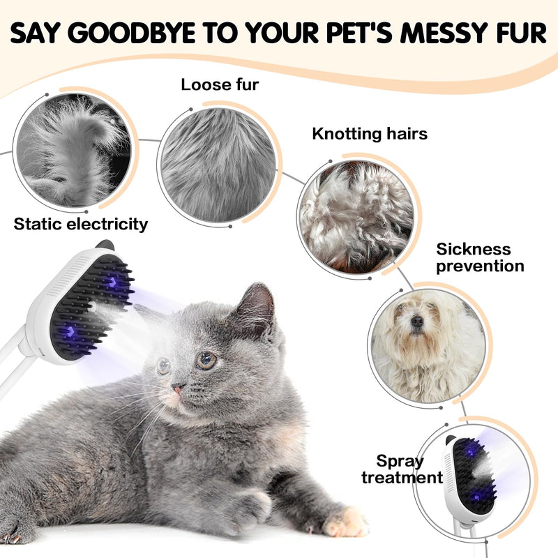 Cat Steam Brush for Shedding, 4 in 1 Water Cat Brushes for Indoor Cats Hair Brush with Spray & UV Light, Steam Brush for Cat & Dog for Massage Clean and Remove Fur-White White - PawsPlanet Australia