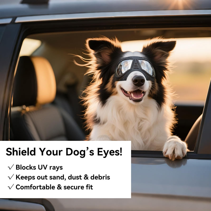 PETLESO Dog Goggles for Large Dogs, Anti-UV Pet Sunglasses Eyes Protection Windproof Snowproof for Medium Large Breed Hiking/Driving/Cycling, Soft Frame with Adjustable Non-Slip Straps, Black Silver Lens - PawsPlanet Australia