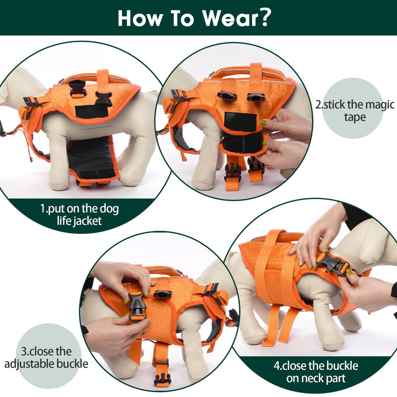 Kuoser Dog Life Jacket High Flotation, Reflective Dog Life Vest for Swimming Boating, Adjustable Small Medium Large Dog lifejacket, Lightweight Dog Life Preserver Rescue Handle Spring Summer Pool X-Small (Chest Girth:12.9-18.1'') Orange - PawsPlanet Australia