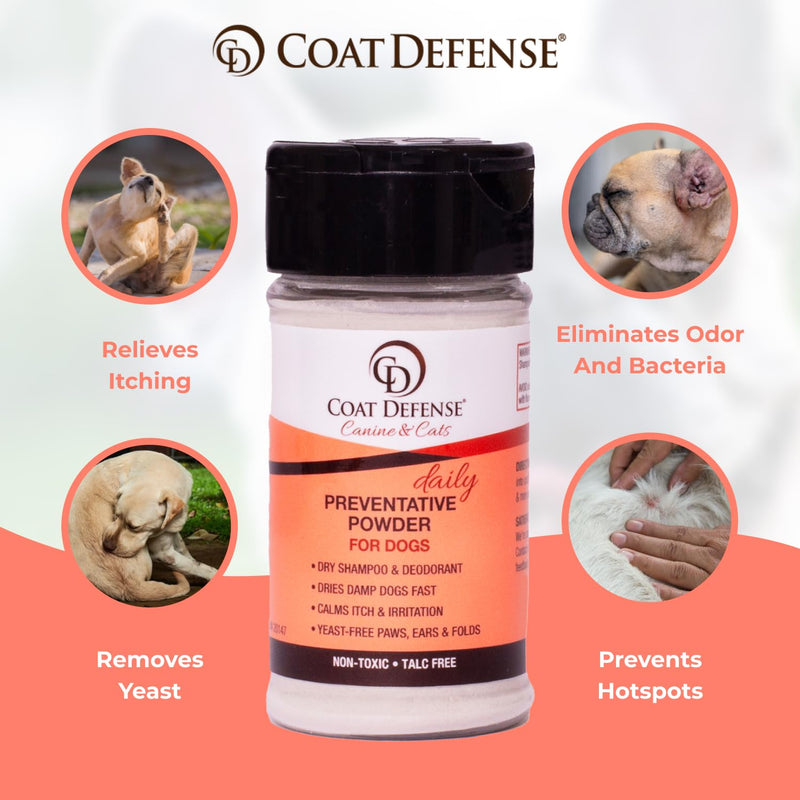 COAT DEFENSE Preventative Powder | Made in USA | 3.5oz Waterless Dog Shampoo & Pet Deodorizer for Smelly Dogs | Provides Anti Itch Relief | Dog Shampoo for Dry Itchy Skin & Dog Shampoo for Smelly Dogs - PawsPlanet Australia
