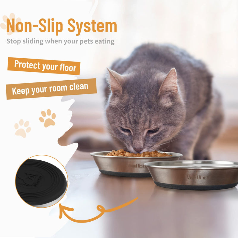 Cat Bowls, 2 Pcs Stainless Steel Cat Bowls for Food and Water, Whisker Fatigue Shallow Non-Slip Cat Dishes Plates for Small Dog Puppies Cats 2 Non-slip Bowls