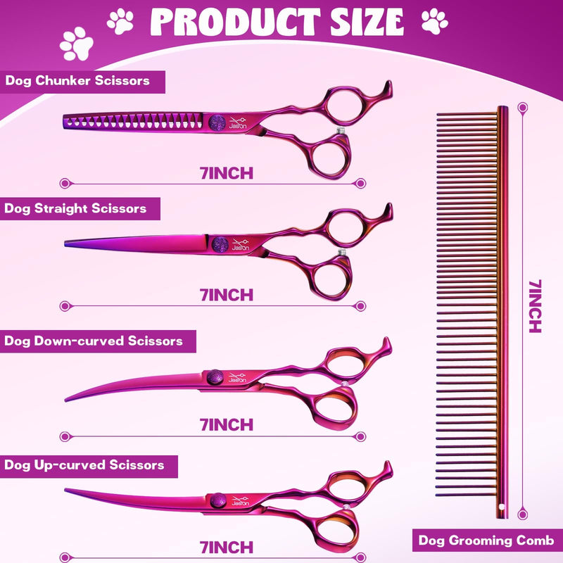 JASON Dog Grooming Scissors Set - Professional 6 in 1 Dog Shears Set - 7" Chunker, 7" Straight, 7" Up-Curved, 7" Down-curved Scissors and Comb for Cat Pet with Adjustable Screw Chunker Set - PawsPlanet Australia