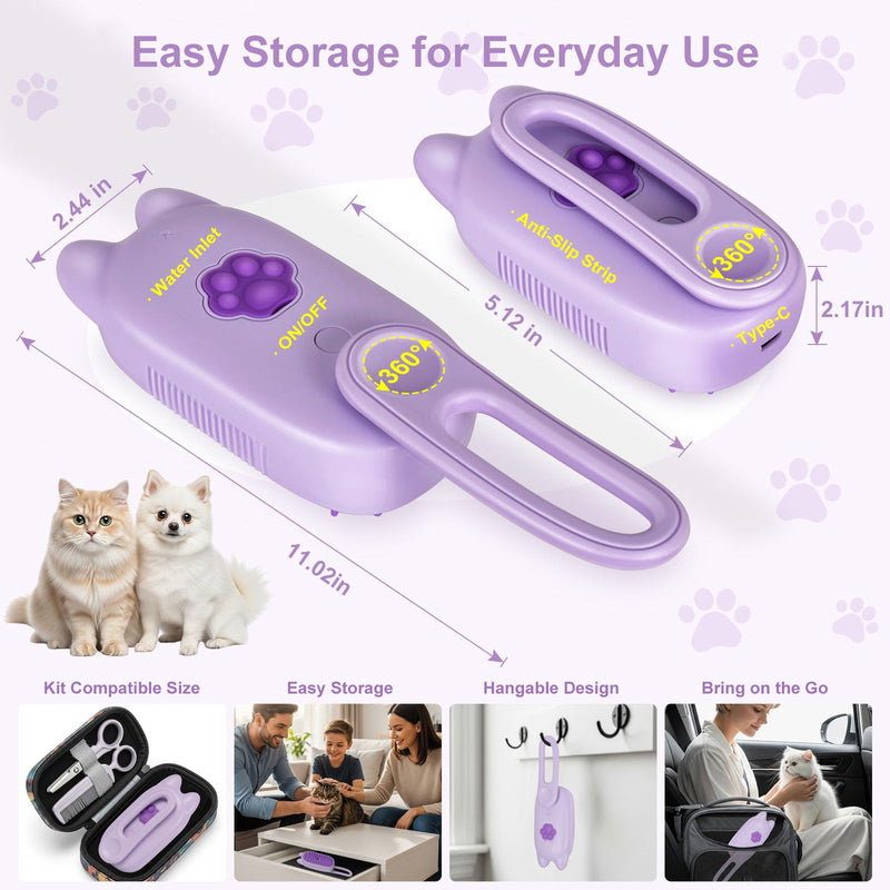 Rechargeable Cat Steam Brush with Mist Spray, 3-in-1 Pet Steam Brush for Long and Short Haired Cats and Small Dogs, Anti-Static, De-Shedding, Detangling, Massage, Purple Cat Design - PawsPlanet Australia