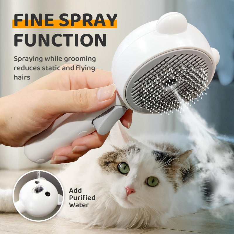 Cat Steam Brush, Self Cleaning Pet Spray Hair Removal Comb with Release Button, 3 In 1 Cat Brush for Indoor Cats for Shedding, Waterproof Pet Grooming Brushes for Long Short Haired Dogs Cats White - PawsPlanet Australia
