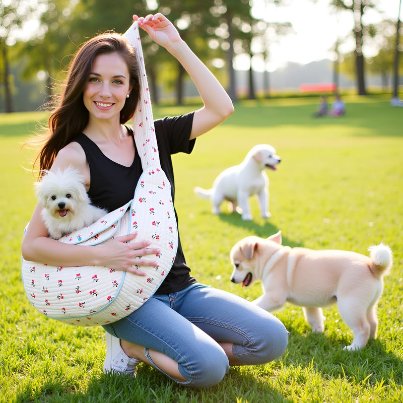 Floral Pet Carrier Sling, Breathable Cotton Dog Purse Carrier, Hand-Free Travel Puppy Purse for Small Dog 5-15 lbs, Cat Sling Chest, Per Mom Dad Gifts(White, Large) White - PawsPlanet Australia