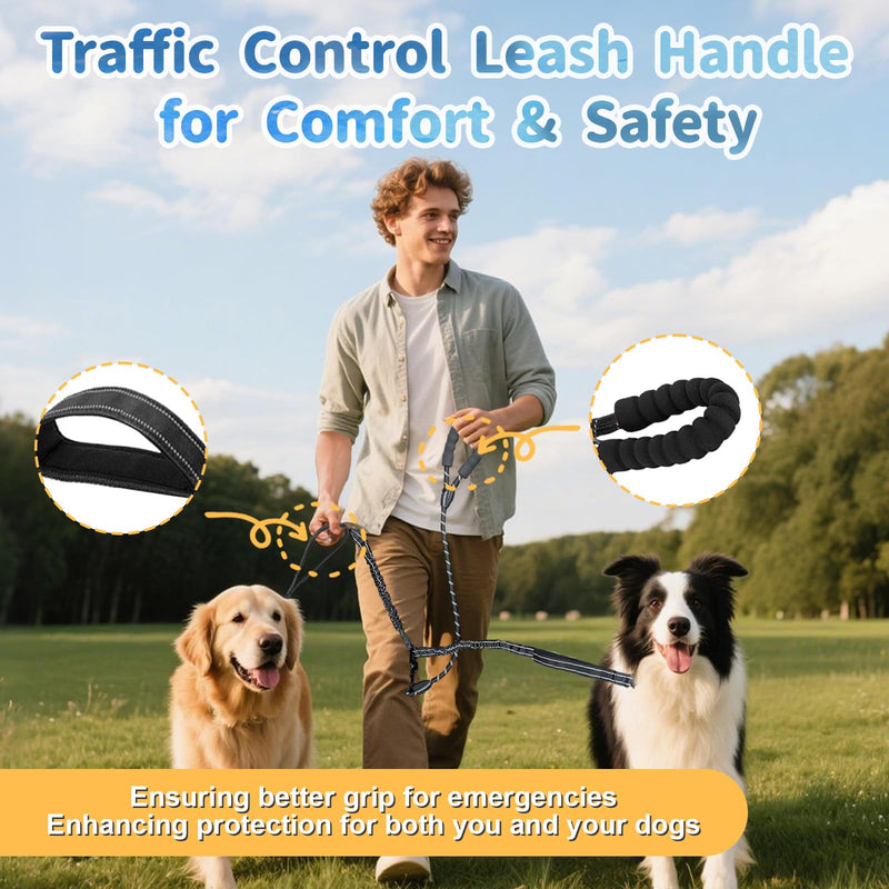 Double Dogs Leash - Removable Main Lead Rope with Splitter, No Tangle 2 Dog Coupler, Reflective No Pull Bungee, 3 Handle, D-Ring, Extra Long for Walk Train Medium Large Two Pet (Black) Black - PawsPlanet Australia
