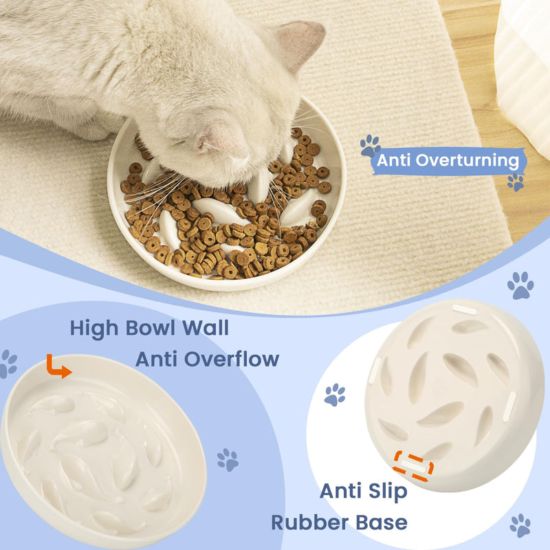 Cat Slow Feeder Bowl, Anti Gulping Healthy Eating Diet Pet Food Bowl, Non-Slip Whale Shape Design and Raised Rim Spill Proof Slow Bowl for Kitten(White) 6.3*6.3 inch White