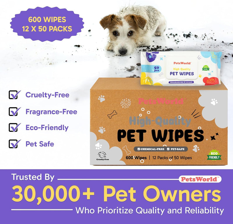 PETSWORLD Pet Wipes for Dogs & Cats, Unscented, Hypoallergenic, Chemical-Free, Biodegradable (98%), Thick & Durable, Textured Grooming Wipes (Unscented, 50 Count) - PawsPlanet Australia