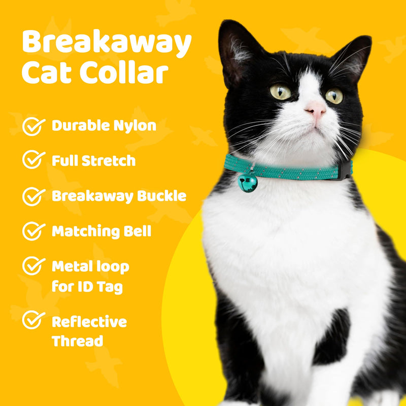 BirdsBeSafe® Break Away Cat Collar with Bell, Reflective Thread for Night Visibility, Comfortable Elastic Stretch Cat Collar to protect Cat from Getting Stuck in The Garden. Green - PawsPlanet Australia