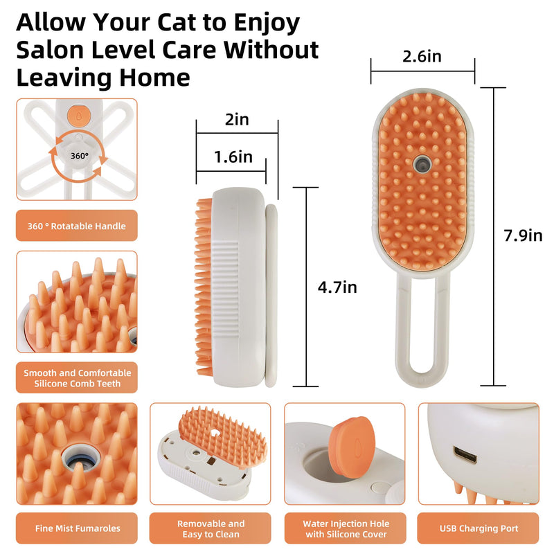 Cat Dog Hair Steam Brush: 4 in 1 Pet Grooming Tool Rechargeable Groomer Silicone Comb for Massage, Cleaning, Shedding and Combing, Anti-Static, 360° Portable Handle for Long or Short Hair Pet (Orange) Orange - PawsPlanet Australia