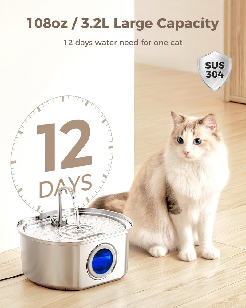 Cat Water Fountain Stainless Steel: 108oz/3.2L Cat Fountain for Drinking- Pet Water Fountain Inside - Automatic Dog Watering Dispenser Bowl - Pet Feeding & Watering Supplies - Water Level Window 108oz Cat Fountain + 4 Filters - PawsPlanet Australia