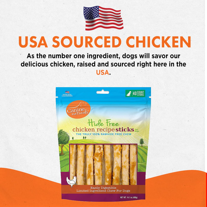 Canine Naturals Chicken Recipe Chew - Rawhide Free Dog Treats - Made From USA Raised Chicken - All-Natural and Easily Digestible - 40 Pack of 5 Inch Stick Chews 1 Count (Pack of 40) - PawsPlanet Australia