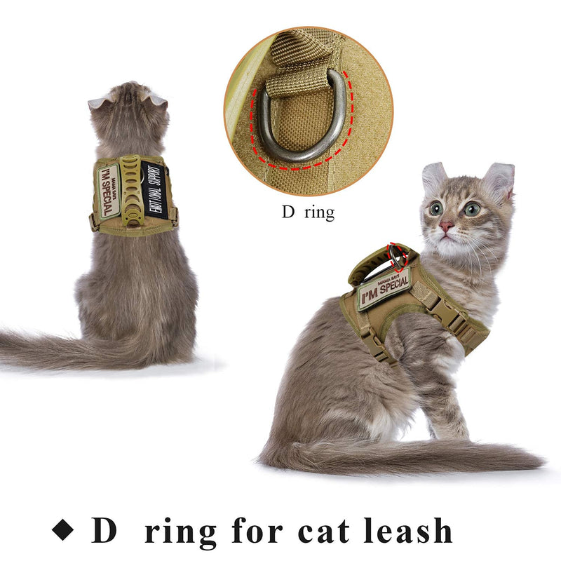 Tactical Cat Harness for Walking Escape Proof, Soft Mesh Adjustable Pet Vest Harness for Large Cat,Small Dog Khaki