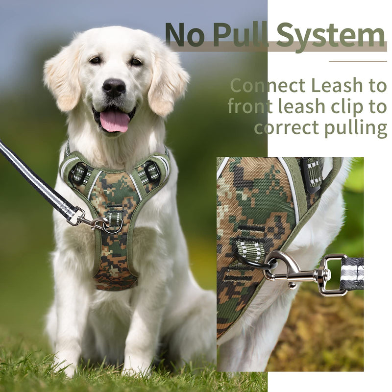 HEELE Dog Harness, No Pull Adjustable Padded Reflective Harness for Small Medium Large Dogs with Handle for Walking Training, Camo Green, M - PawsPlanet Australia