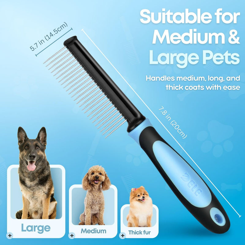 Flexzion Metal Pet Comb for Cats & Dogs - Sturdy Stainless Steel Rounded Teeth with Non-Slip Soft Grip Handle Easy to Use Grooming Detangling Cat Combs for Indoor Cats, Blue - PawsPlanet Australia
