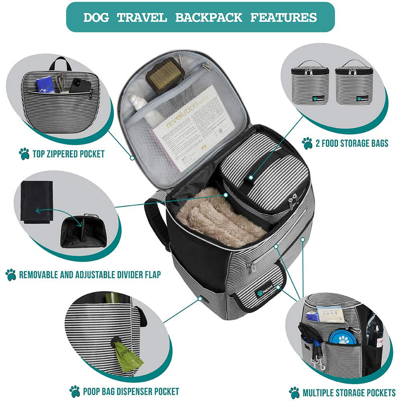 PetAmi Dog Travel Bag Backpack, Airline Approved Dog Bags for Traveling, Puppy Diaper Bag Supplies, Pet Camping Essentials Hiking Accessories Dog Gift, Food Container, Collapsible Bowls, Stripe Black One Size (Pack of 1) - PawsPlanet Australia