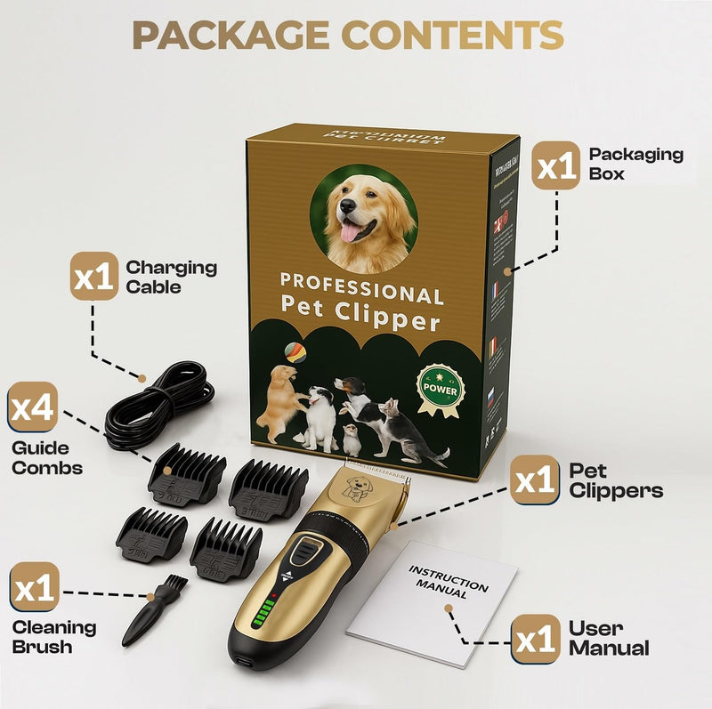 GLOBAL TECH Dog Clippers, Rechargeable Low Noise Cordless Pet Clippers for Dogs Cats and Other Pets - Professional Dog Grooming Clipper Kit Shaver Trimmer Suitable for Thick Hair/Coats - PawsPlanet Australia