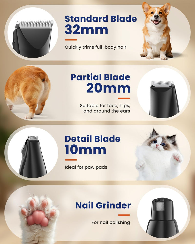 4-in-1 Dog Grooming Kit & Nail Grinder, Safe Cat Clippers Dog Paw Trimmer Shaver, Silent Rechargeable Pet Clippers for Dogs Cats Body, Face, and Paw Grooming - PawsPlanet Australia