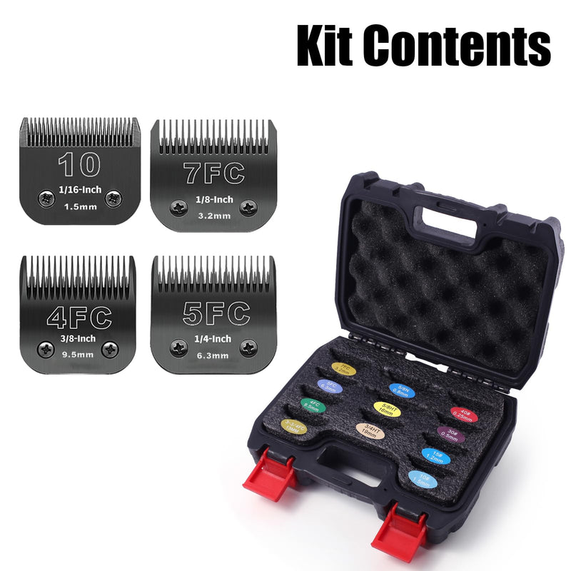 4 Pack Detachable Dog Grooming Steel Blades with Blade case Holder,Compatible with Andis,Oster A5,Wahl KM-10 Series,Cutting Length 1/16" to 3/8"(10+7FC+5FC+4FC-Black) 10+7FC+5FC+4FC-black(4 PACK)
