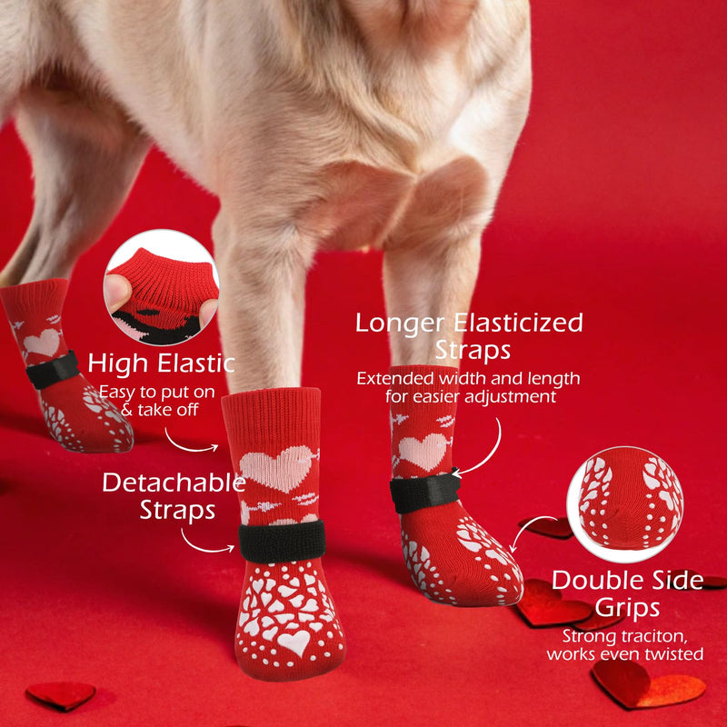 EXPAWLORER Dog Socks to Prevent Licking Paws, Valentine's Day 4 Pcs Anti Slip Dog Socks with Grippers, Dog Shoes for Hardwood Floors, Dog Booties for Small Medium Large Senior Dogs, Red M