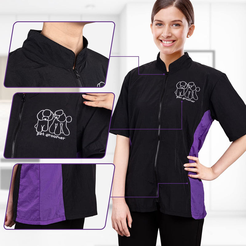 Noverlife Short Sleeves Pet Grooming Workwear with Full Zipper, 3XL Size, Anti-Static Pet Beautician Smock, Lightweight Pet Groomer Cosmetologist Uniforms Style Dog Cat Grooming Jacket for Men Women 3XL（Pack of 1) - PawsPlanet Australia